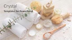  Presentation with treatment - PPT theme having bath spa treatment composition on wooden with pile of white salt texture background background and a lemonade colored foreground