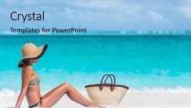  Presentation with sun tanning - Beautiful theme featuring bathing - bikini woman beach vacation sun backdrop and a light blue colored foreground