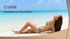  Presentation with sun tanning - Audience pleasing theme consisting of bathing - suntan bikini woman relaxing backdrop and a light blue colored foreground