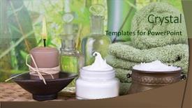  Presentation with oils - PPT theme consisting of bathing salt and massage oils with a stack of towels background and a mint green colored foreground