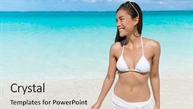  Presentation with turquoise beach - Cool new PPT layouts with bathing suit - asian woman relaxing walking backdrop and a soft green colored foreground