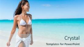  Presentation with water sun - Presentation design featuring bathing suit - bikini woman relaxing in white background and a sky blue colored foreground