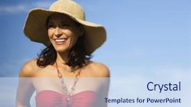  Presentation with straw - Colorful slide deck enhanced with bathing suit - caucasian mid-adult female in swimsuit backdrop and a  colored foreground