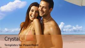  Presentation with shells beach summer holiday - Presentation theme consisting of bathing suit - happy young loving couple background and a red colored foreground