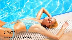  Presentation with swimming pool - Beautiful PPT layouts featuring bathing suit - pretty blonde woman enjoying backdrop and a coral colored foreground