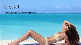  Presentation with slim body - Presentation theme enhanced with bathing suit - suntan woman lying down relaxing background and a light blue colored foreground