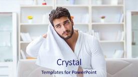  Presentation with greeiting show man - Presentation theme enhanced with bathrobe after shower drying hair background and a  colored foreground