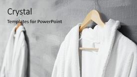  Presentation with salon - Colorful slide deck enhanced with bathrobe hanging on wall backdrop and a  colored foreground