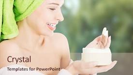  Presentation with woman body - Colorful presentation theme enhanced with bathrobe with body lotion backdrop and a lemonade colored foreground