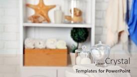  Presentation with sponges - Amazing PPT theme having bathroom-set-with-towels backdrop and a coral colored foreground