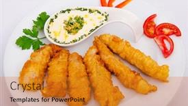  Presentation with served - Cool new PPT layouts with battered chicken served with sauce backdrop and a gold colored foreground