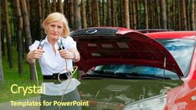  Presentation with battery - Amazing PPT theme having batteries cars - girl asks for help charge backdrop and a tawny brown colored foreground