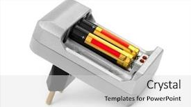 Presentation with battery - Beautiful presentation theme featuring battery charger isolated on white backdrop and a light gray colored foreground