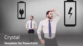  Presentation with battery - Presentation design featuring battery or plug socket with businessman looking in opposite directions background and a gray colored foreground