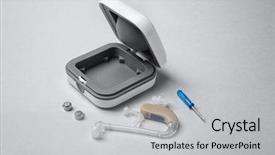  Presentation with hearing - Slide set consisting of battery storage - hearing aid with accessories background and a light gray colored foreground