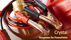  Presentation with electric car charging battery cells - Cool new presentation theme with battery with two jumper cables backdrop and a tawny brown colored foreground