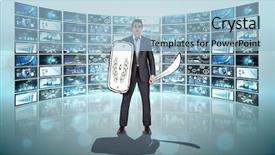  Presentation with warrior - Beautiful PPT layouts featuring battle analysis - corporate warrior against screen collage backdrop and a  colored foreground