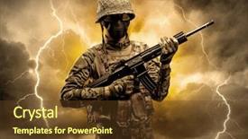  Presentation with battlefield - Presentation theme with battlefield - armed soldier standing in rainy background and a tawny brown colored foreground