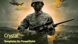  Presentation with sniper - PPT theme consisting of battlefield - armed soldier with sniper background and a tawny brown colored foreground