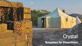  Presentation with weapons - Cool new PPT layouts with battlefield - military warehouse tent and weapons backdrop and a dark gray colored foreground
