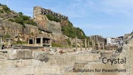  Presentation with battleship - Slide set with battleship island in japanese city background and a coral colored foreground