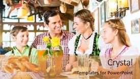  Presentation with restaurant family - Presentation theme enhanced with bavarian girl wearing dirndl and eating with family in traditional restaurant background and a yellow colored foreground