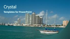  Presentation with miami - Presentation theme having bayside - expensive apartmets and boat background and a ocean colored foreground