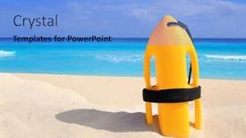  Presentation with sea rescue - Cool new PPT layouts with baywatch rescue buoy yellow on tropical beach caribbean sea backdrop and a light blue colored foreground