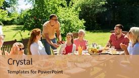  Presentation with dinner party - Audience pleasing slide deck consisting of leisure holidays and people concept backdrop and a coral colored foreground