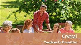  Presentation with summer party - Colorful presentation theme enhanced with leisure holidays and people concept backdrop and a coral colored foreground
