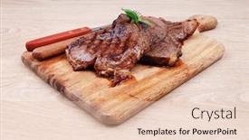  Presentation with bbq - Theme featuring bbq beef meat fillet on wooden plate with cutlery background and a lemonade colored foreground