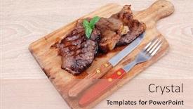  Presentation with bbq - Presentation theme having bbq beef meat fillet on wooden plate with cutlery background and a coral colored foreground