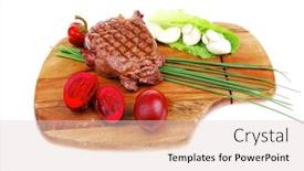  Presentation with bbq - Audience pleasing PPT layouts consisting of bbq beef pork steak garnished with green lettuce and red chili hot pepper on wooden plate isolated over white background backdrop and a lemonade colored foreground