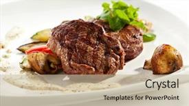  Presentation with bbq - Slides consisting of bbq pork with mushrooms sauce garnished with vegetables and mushrooms background and a soft green colored foreground