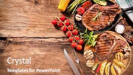  Presentation with steaks - Presentation theme featuring bbq ribs - beef steaks with grilled vegetables background and a coral colored foreground