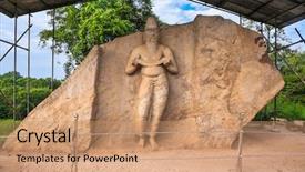  Presentation with ancient king statue - Beautiful PPT theme featuring be that of king backdrop and a coral colored foreground