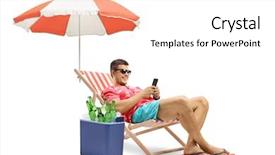  Presentation with tourist - Beautiful slide set featuring beach - tourist with a phone sitting backdrop and a sky blue colored foreground