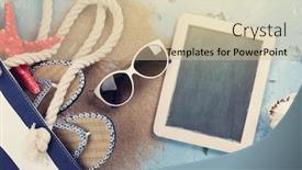  Presentation with beach bag - Cool new presentation theme with beach accessories bag with flip-flops sunglasses and blackboard for your text on stone background top view with copy space sunny toned backdrop and a soft green colored foreground