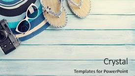  Presentation with top hat - Colorful PPT layouts enhanced with beach accessories flip flops camera backdrop and a light gray colored foreground