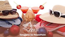  Presentation with white christmas - Slide set having beach accessories flip flops straw hats seashells sand sunglasses two glasses of cocktail christmas ornaments on white background christmas winter vacation in warm countries beach holiday background and a red colored foreground