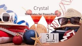  Presentation with hat and flip flop - Presentation consisting of beach accessories flip flops straw hats seashells sand sunglasses two glasses of cocktail christmas ornaments on white background new year winter vacation in warm countries beach holiday background and a lemonade colored foreground