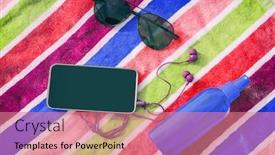  Presentation with sun tanning - Beautiful slide deck featuring beach accessories for summer travel holidays top view of black screen mobile phone for copy space earbuds sunglasses sun tanning lotion oil beach towel background backdrop and a coral colored foreground