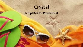  Presentation with accessories - Audience pleasing PPT theme consisting of beach accessories on sand beach backdrop and a coral colored foreground