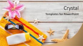  Presentation with teal beach wood - Colorful theme enhanced with beach accessories on wooden background backdrop and a light gray colored foreground