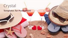  Presentation with cocktail party - PPT layouts consisting of beach-accessories-seashells-sand-two background and a sky blue colored foreground