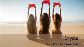  Presentation with best - Beautiful PPT theme featuring beach and eating watermelon backdrop and a coral colored foreground