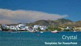  Presentation with fishing boats - Presentation theme with beach-and-fishing-village background and a ocean colored foreground