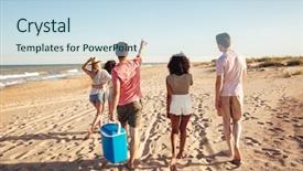  Presentation with community service happy volunteer group - Slide deck consisting of beach and pointing away background and a sky blue colored foreground