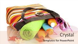  Presentation with beach bag - Slide deck with beach bag with beach accessories isolated on white background and a coral colored foreground