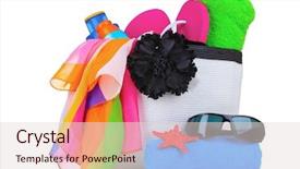  Presentation with beach bag - Beautiful presentation featuring beach bag with things isolated on white backdrop and a lemonade colored foreground